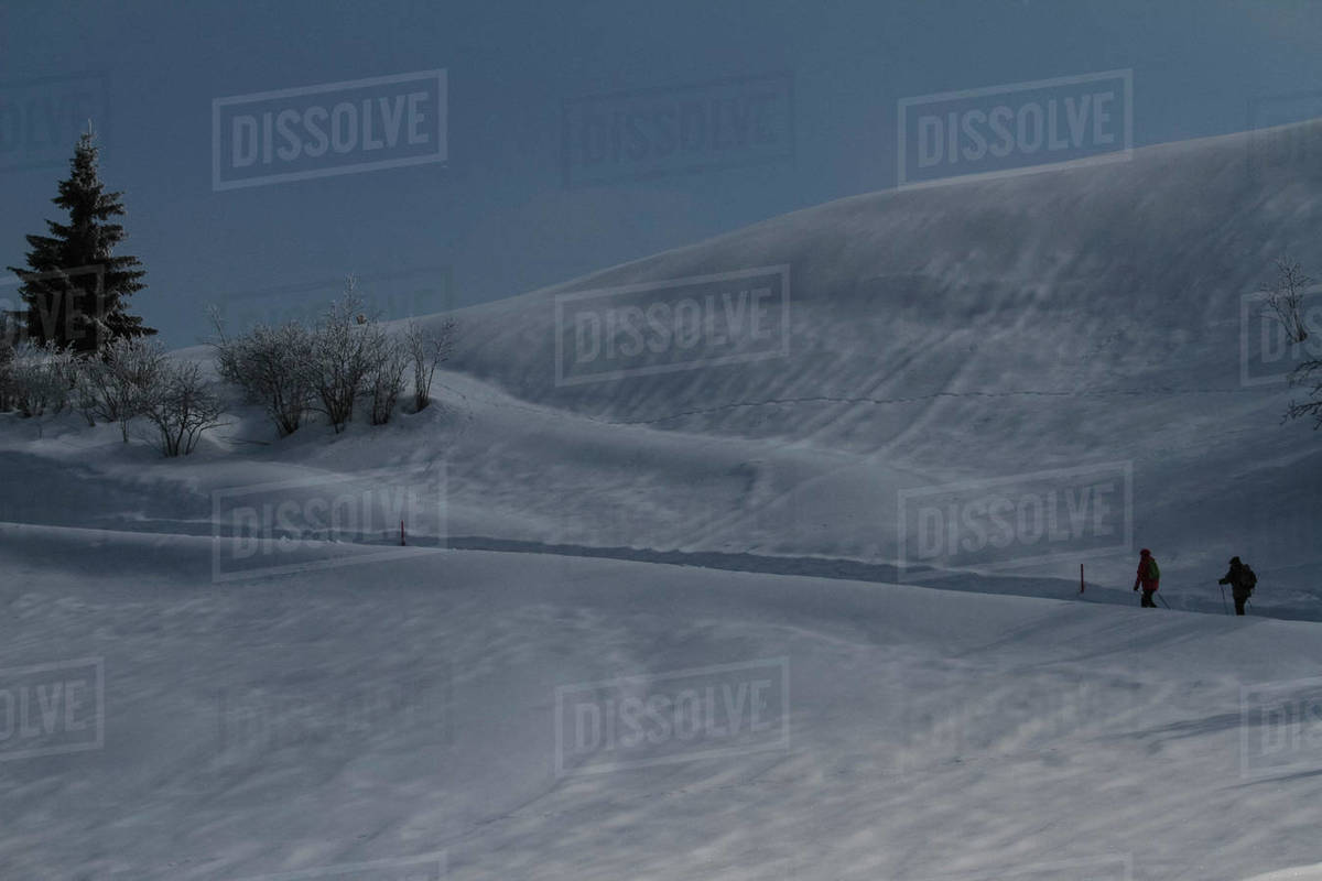 People snowshoeing on snow covered mountain, Surcuolm, Canton of Grisons, Switzerland Royalty-free stock photo