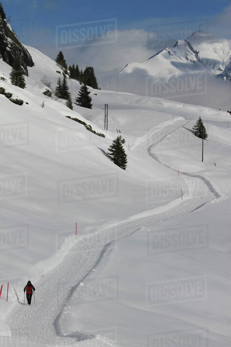 Snowshoer on sunny snow covered mountain trail, Vals, Canton of Grisons, Switzerland Royalty-free stock photo