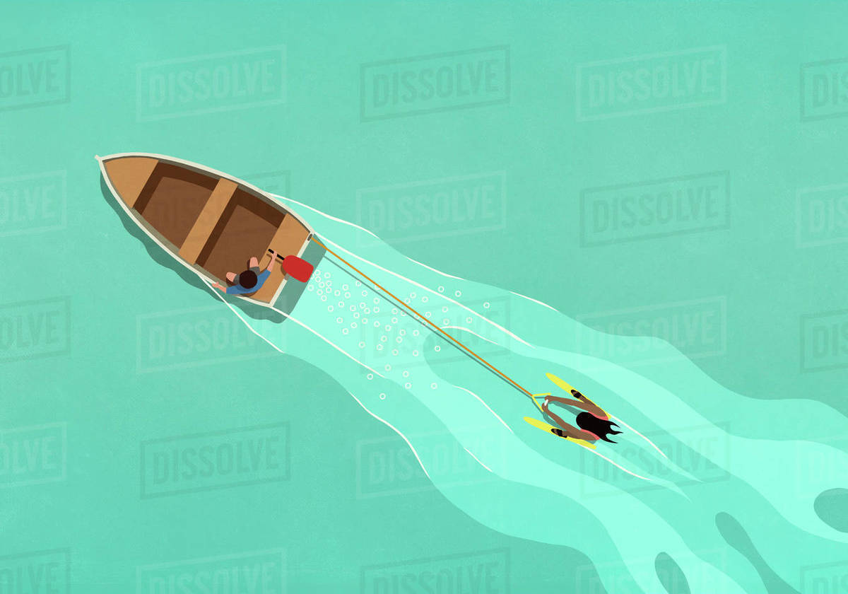 Rowboat pulling water skier Stock Photo Dissolve