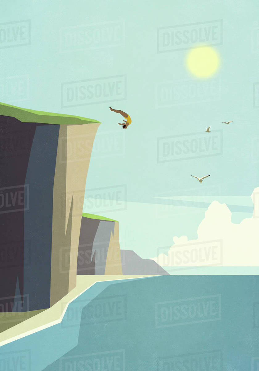 Woman diving off cliff into idyllic summer ocean Stock Photo Dissolve