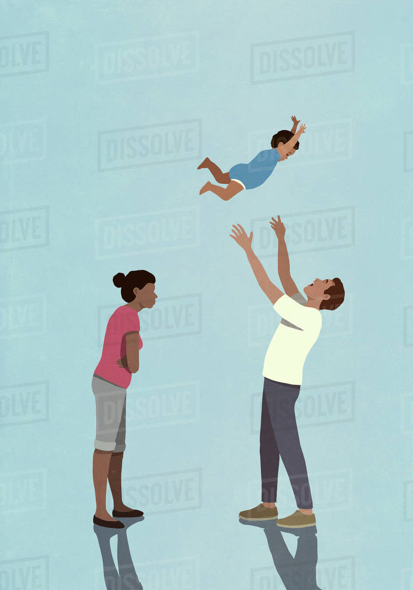 Angry wife watching husband throwing baby son overhead Stock Photo Dissolve